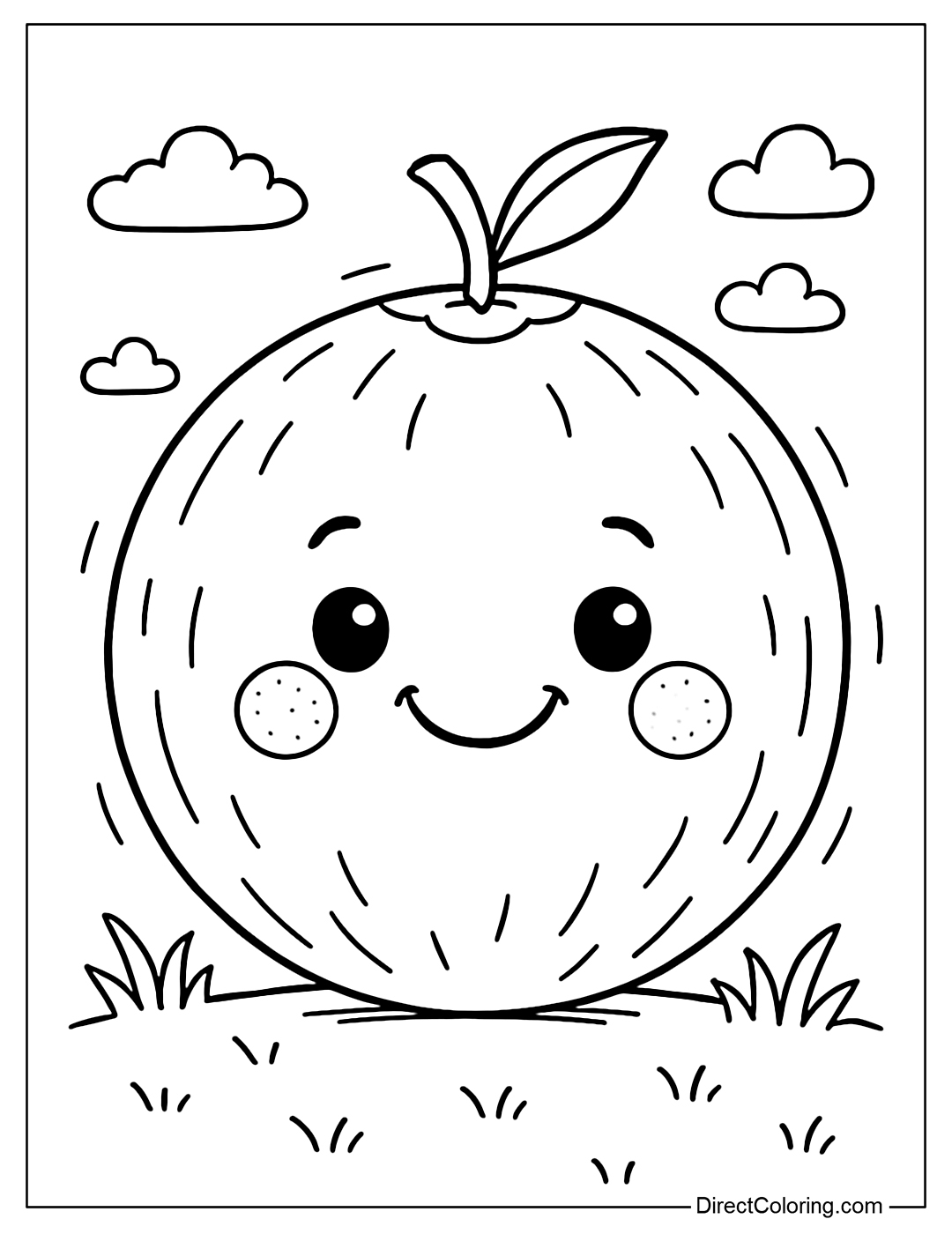Round coconut coloring page with a lovely smiling face and rosy cheeks.